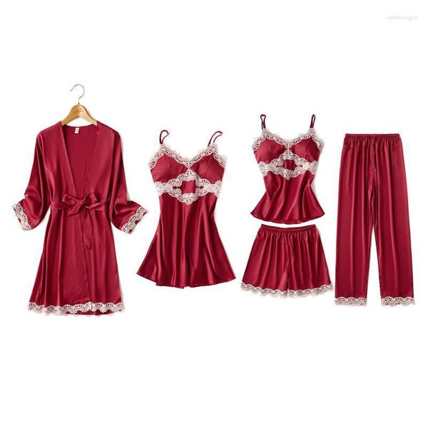 Женская одежда для сна атласкую летнюю ночную одежду Сексуальная женская свадебная одеяла набор домашней одежды интимное нижнее белье. Повседневное 5шт кимоно -халат