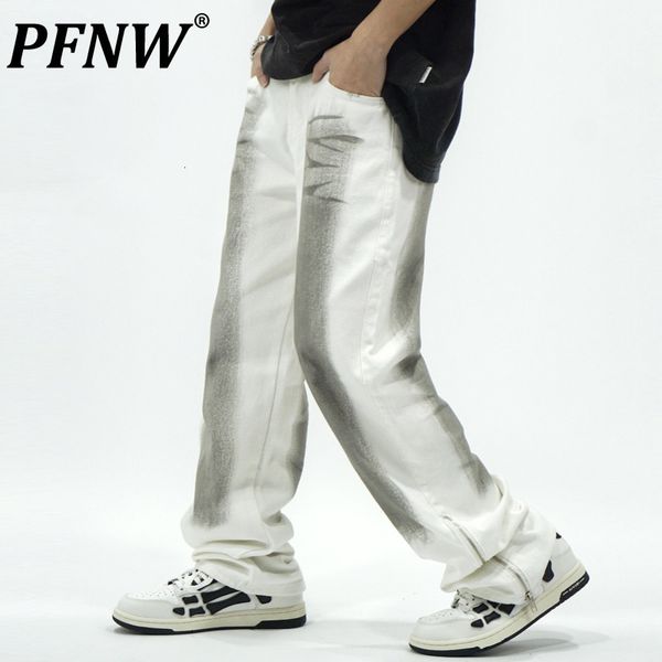 Erkekler Kot pfnw Erkekler Çin şık Amerikan hip-hop beyaz kravat boyalı kot pantolon gevşek düz bacak fermuar denim pantolon moda 12Z2306 230804