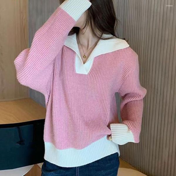 Maglioni da donna Maglione patchwork con colletto rovesciato rosa Pullover lavorato a maglia casual a maniche lunghe Maglione vintage invernale