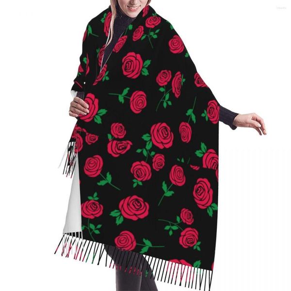 Schals, rotes Rosenmuster auf schwarzem Winterschal, Schals, Wickeltuch, Damen und Herren, warme Bufanda-Quaste