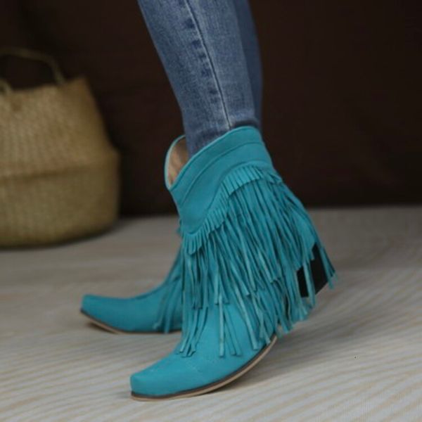 Flock Cowboy 718 Women Boots Bonjomarisa Knöchel Western Retro Fringe Slip auf ungezwungene Freizeit gestapelt Herbstschuhe Short Stiefel 230807 378