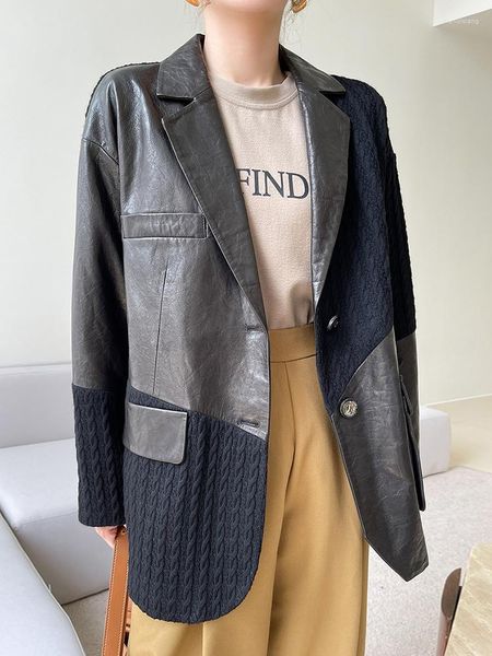 Женская кожаная шерстяная вязаная сшивая натуральные пиджаки для овчины Женщины Весна 2024 Мода Высококачественная подлинная куртка Coats Veste Femme