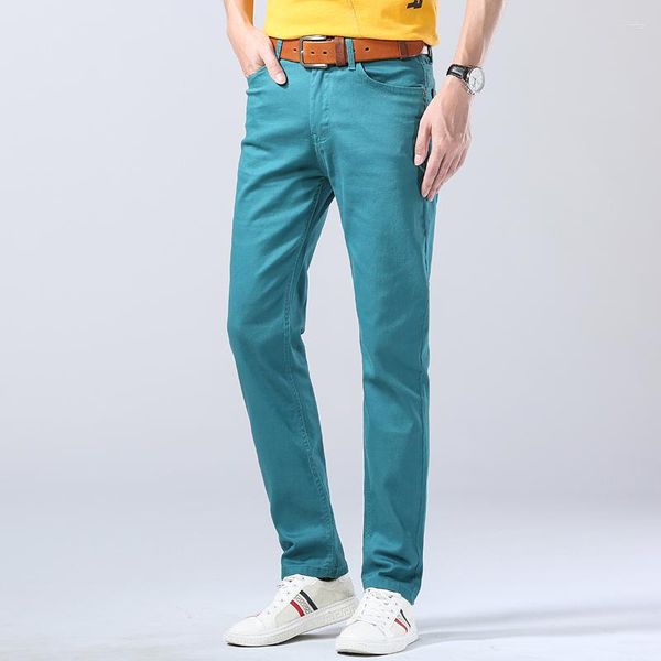 Erkek kot klasik tarzı moda iş rahat pantolon düz ince kot streç pantolon mavi kırmızı sarı erkek marka