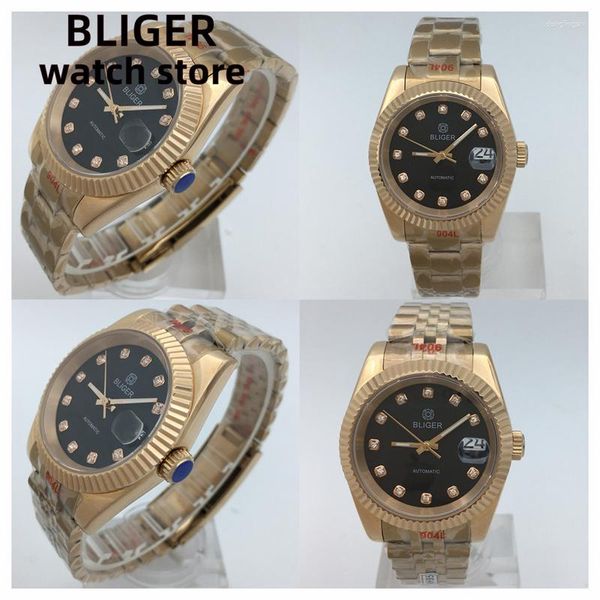 Relógios de pulso BLIGERNH35 36mm39MM Ouro rosa bisel embutido mostrador preto relógio masculino vidro safira jubileu/banda ostra