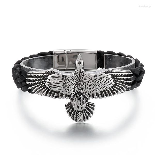 Charme Pulseiras Megin D Aço Inoxidável Titânio Águia Voadora Banda de Couro Hip Hop Punk Pulseira Para Homens Mulheres Casal Presente Moda