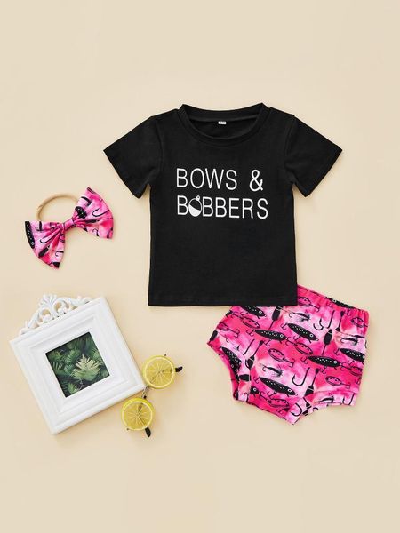 Conjuntos de roupas fofos com estampa de vaca para bebê menina roupa de verão manga curta camiseta shorts e conjunto de bandana - Conjunto Boho de 3 peças