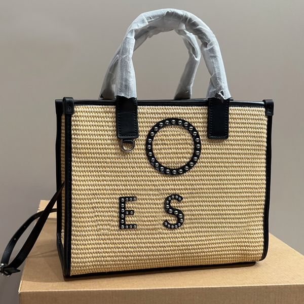 Stroh-Einkaufstasche für Damen, Schultertaschen, große Kapazität, Reisehandtaschen, Sommer-Bast-gewebte Strandtasche, Ledergriff, verstellbarer Riemen, Buchstaben-Dekoration, Gemüsekorb