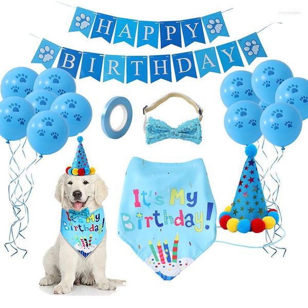 Roupas para cães Conjunto de festa de aniversário para animais de estimação Balão Bandana Chapéu Laço Slogan Suprimentos para produtos comemorativos Todos os animais de estimação Gatos