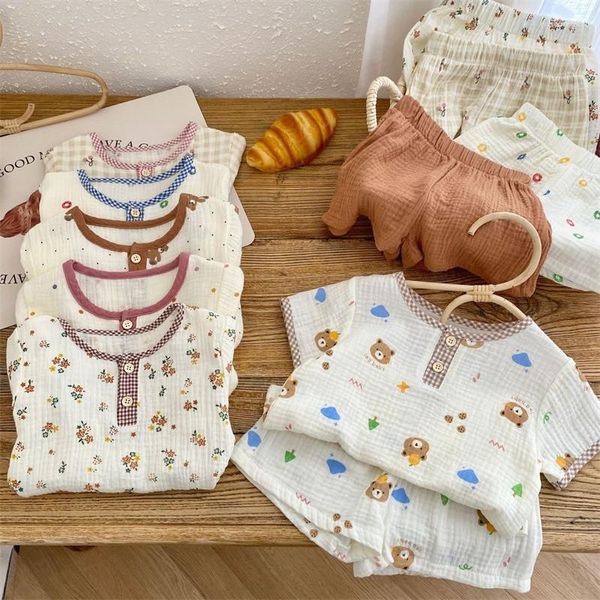 Kleidung Sets 2023 Sommer Baby Baumwolle Crepe Set Mädchen Kurzarm Bunte Tops und Shorts 2 Stück Anzug Kinder Oansatz kleidung