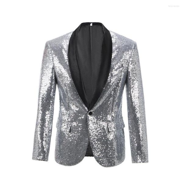 Abiti da uomo Blazer Giacca estiva Uomo Costume con paillettes argento Collo a scialle Abito da palcoscenico