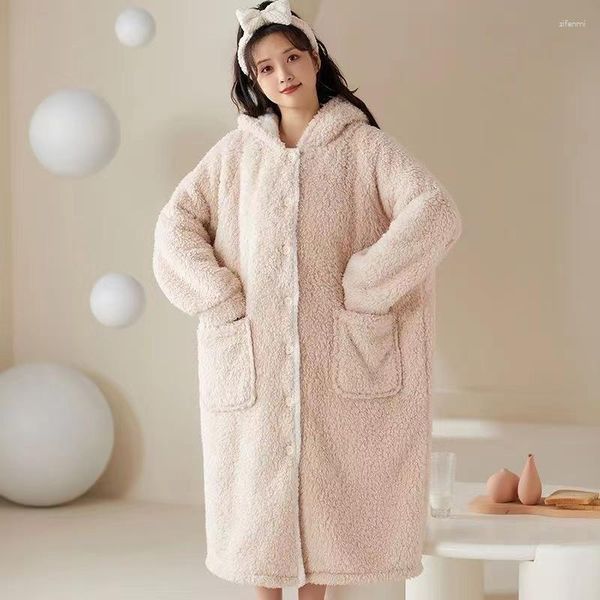 Nachtkleding voor dames Winter damesnachtjapon met capuchon Koraalfleece Dikke warme huiskleding Kawaii Flanellen Comfy Lounge-badjas
