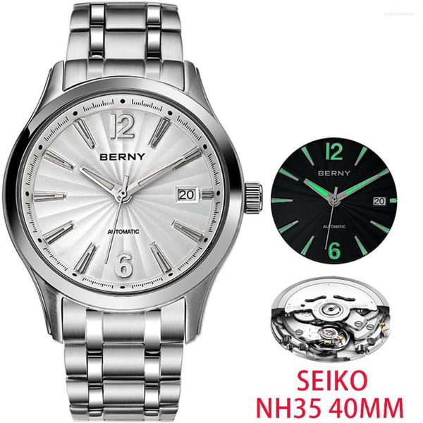 Armbanduhren Berny Automatikuhr für Herren, klassisches Design, Saphir, leuchtend, wasserdicht, Ausstellungsrückseite, luxuriös, mechanisch