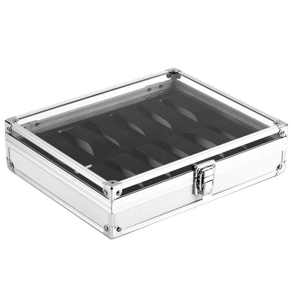 Nützliche Aluminium-Uhrenbox mit 12 Gitterschlitzen, Schmuckuhren-Display, Aufbewahrungsbox, quadratisches Gehäuse, Wildleder innen, rechteckiger Uhrenhalter259U