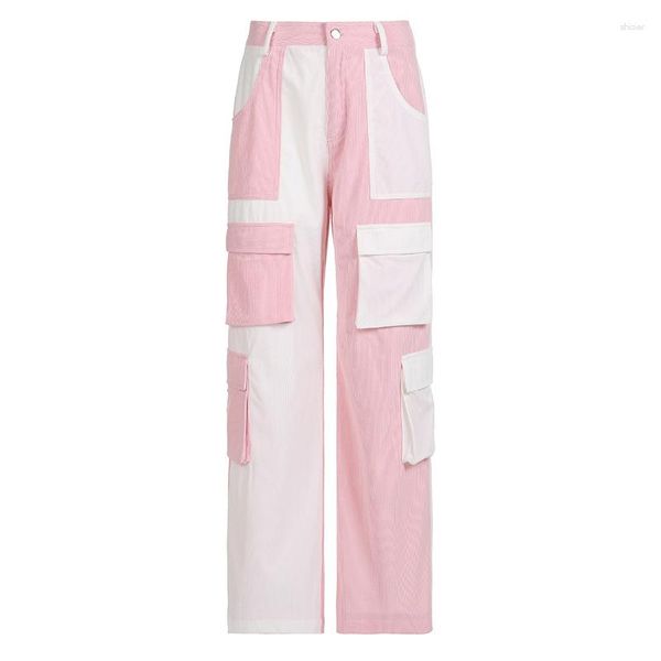 Pantaloni da donna in velluto a coste Kawaii Y2K moda coreana cargo patchwork rosa pantaloni larghi casual anni '90 vintage Streerwear tasche hip-hop