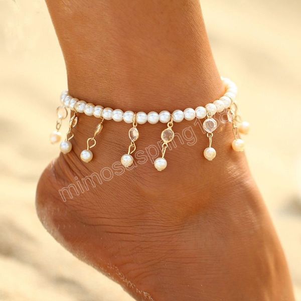 Moda yaz plajı kristal halhal kadınlar için bohemian altın gümüş renkli ayak zinciri elastikiyeti inci ayak bileği bilezik aksesuarları