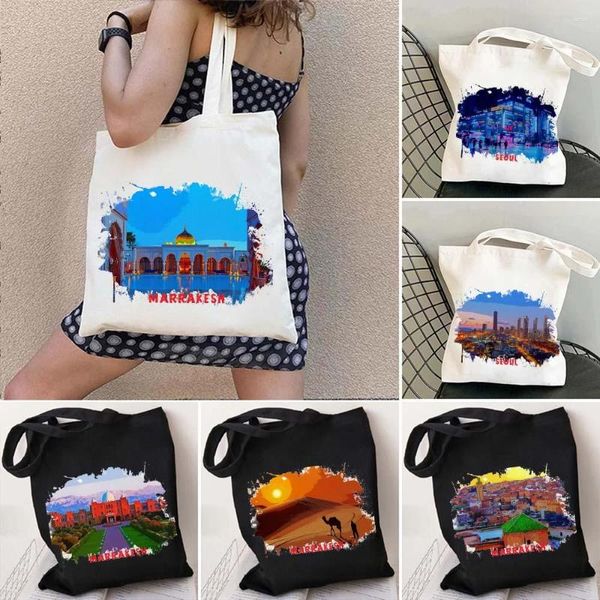 Sacos de noite Marraquexe Marrocos Seul Coreia City Sights Pintura com tinta aguarela Ombro Lona Sacos de algodão Harajuku Eco Shopper Bolsa de mão