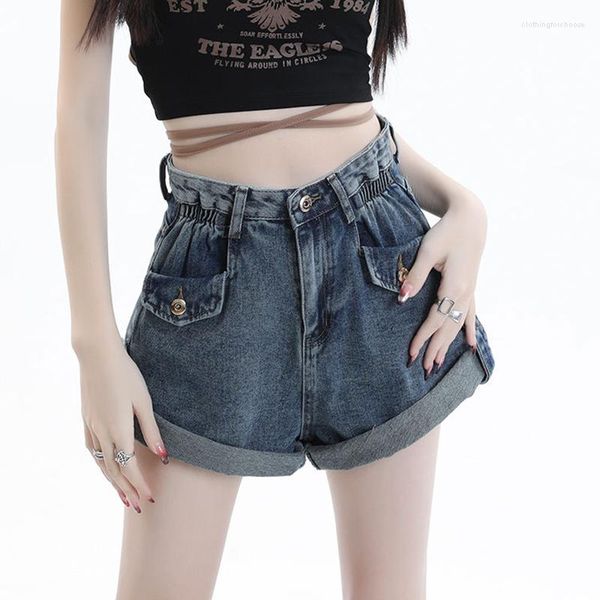 Shorts femininos 2023 verão feminino cor sólida jeans curto plissado cintura alta solto perna larga denims moda coreana design de bainha enrolada vintage