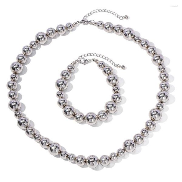 Halsband ALLME Rock Glänzendes Silber PVD-beschichteter Edelstahl Wasserdicht Große kleine Kugelperlen Strang Perlen für Frauen