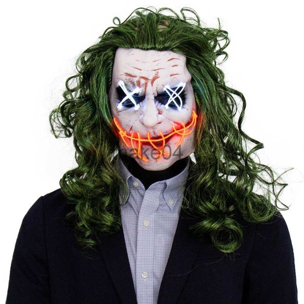 Party Masken Horror Joker Led Licht Maske Cosplay Clown EL Draht Glow Grün Haar Latex Masken Halloween Party Kostüm J230807