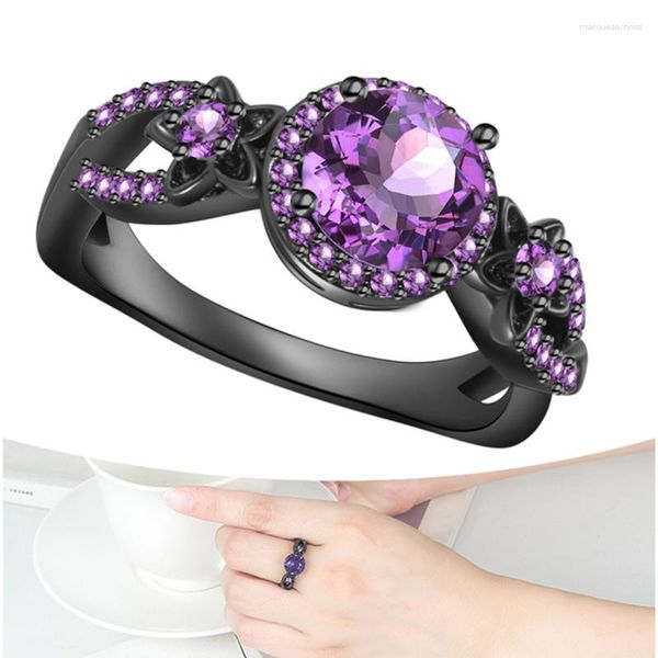 Fedi nuziali Charms Cristallo Fiore viola per ragazze Accessori per dita per feste Anello in argento nero alla moda Gioielli da donna