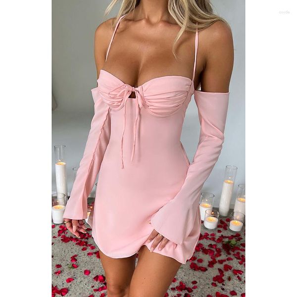 Abiti casual Abito a maniche lunghe con spalle scoperte Mini rosa senza schienale aperto sul retro Sexy party A-line Black Women Vestido Chic