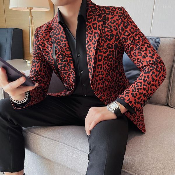Erkekler Leopar Baskı Üst Düzey Trendi Takım Elbise Ceket İnce İki Tek Satır Ziyafet İngiliz Moda Yakışıklı Batı