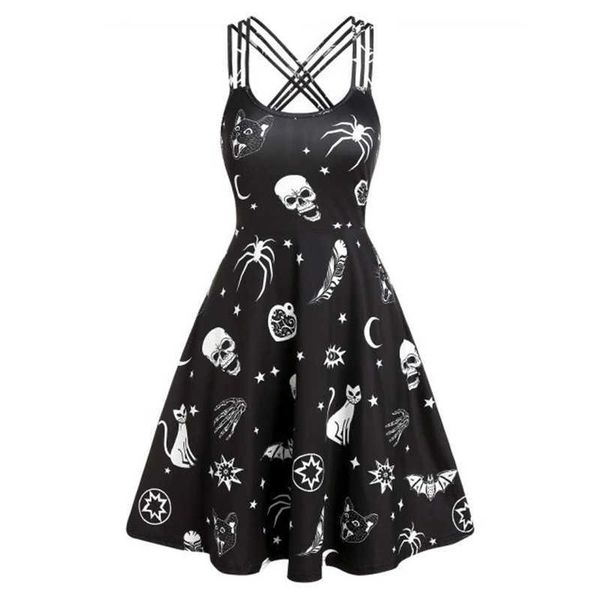 Vestidos casuais estilo gótico Mermaid Skeleton Print Dress Women Women Summer impresso no joelho estilo gótico Vestido de Mujer Y2209