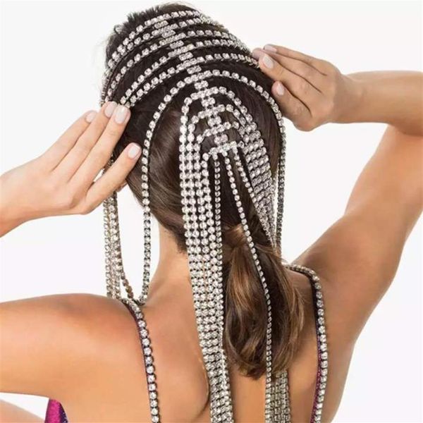 Faixa de cabeça de noiva com strass, borla longa, acessórios para corrente de cabelo para mulheres, joias de cabelo, corrente de vários fios, cristal, 245k