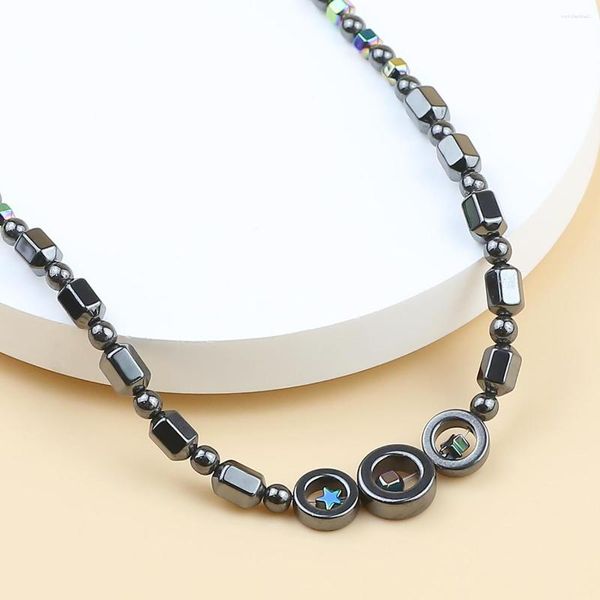 Halsband, bunte sechseckige Herren-Halskette, schwarze runde Perlen, Kreis, Stern, drehbarer Anhänger, modischer natürlicher Hämatit-Stein, Schmuck, Ornamente