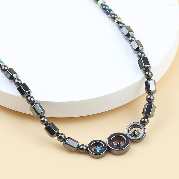 Girocollo Collana da uomo esagonale colorata Collana nera rotonda con perline Cerchio Stella Ciondolo girevole Moda Ornamenti di gioielli in pietra di ematite naturale