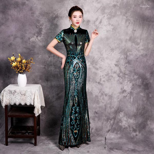 Abbigliamento etnico Velluto Abito da festa formale Donna Bling Paillettes Sexy Qipao Collare alla coreana Cheongsam Bottone vintage Oversize Abiti cinesi