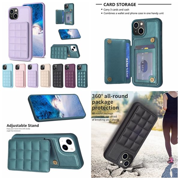 S23 3 Karten Pocket Pack Wallet PU Lederhüllen für Samsung S23 Ultra S22 Plus S21 A54 A34 A14 A53 A13 Quadratisch karierte Geldtasche Stoßfeste TPU-Halterung Telefonrückseite