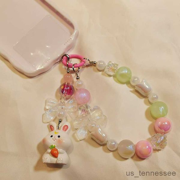 Cell Straps Charms Mobile Lanyard Kurzes fluoreszierendes Handgelenkband Carrot Rabbit Glow Round Bead Chain Strap Clip Strap Lanyard für Schlüssel R230807