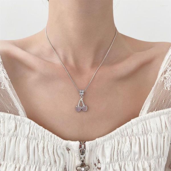Anhänger Halsketten Rosa Kirsche Halskette Für Frauen Y2k Trend Süße Sommer Liebe Herz Opal Schlüsselbein Kette Mode Weibliche Schmuck