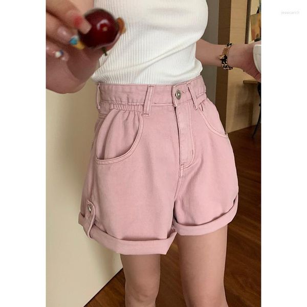 Shorts feminino rosa cintura alta jeans moda coreana casual ajuste solto calça evasê emagrecedora botão versátil 2023 verão