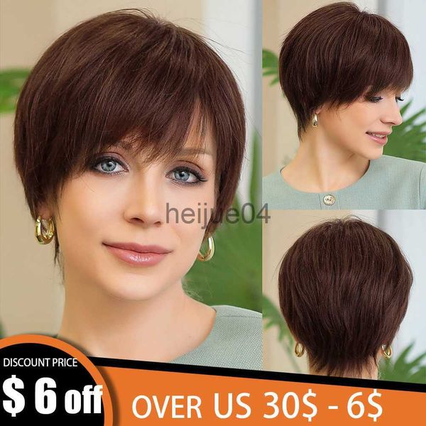 Cabelo Humano Capless Perucas Marrom 100 Remy Cabelo Humano Lace Front Perucas com Franja Pixie Cut Cabelos Curto Reto Em Camadas Bob Perucas para Mulheres Brancas Peruca Humana x0802