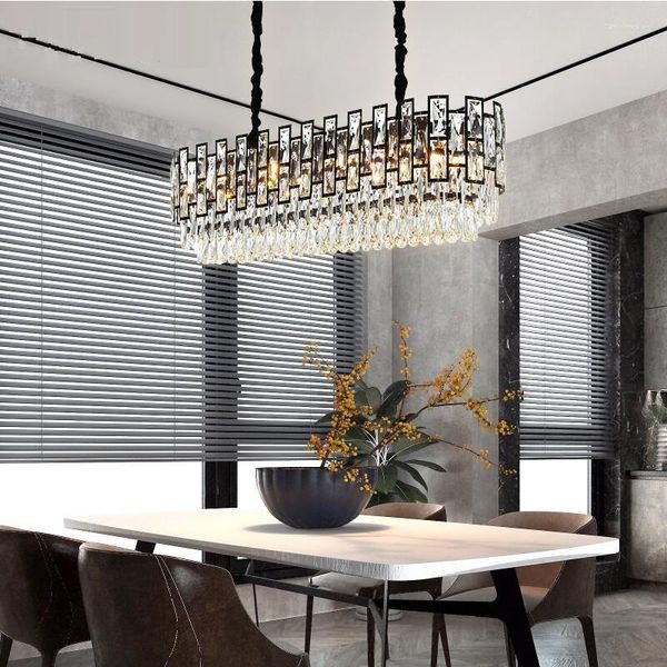 Lustres Lâmpadas LED Pedante Ring Light Lustre de cristal retangular Black Island Loft sala de estar Art Luster