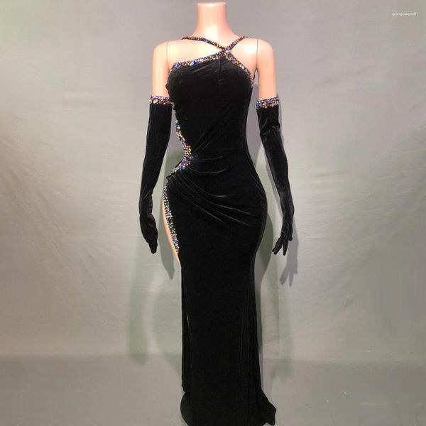 Sahne Giyim Işıltılı Rhinestones Siyah Velvet Yüksek Bölünmüş Uzun Elbise Eldiven Set Seksi Sırtsız Akşam Kutlama Doğum Günü Şovu
