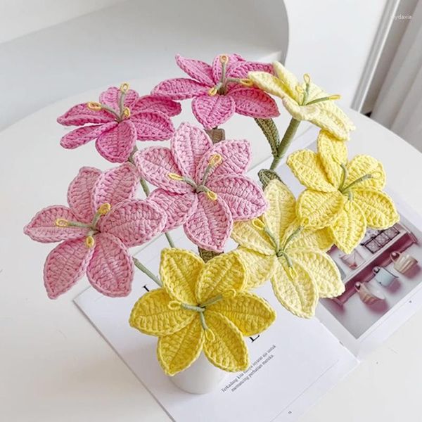 Flores decorativas acabadas tricotadas à mão buquê de lírios feitas à mão em crochê flor falsa mesa de casamento para casa decorar presente dos namorados