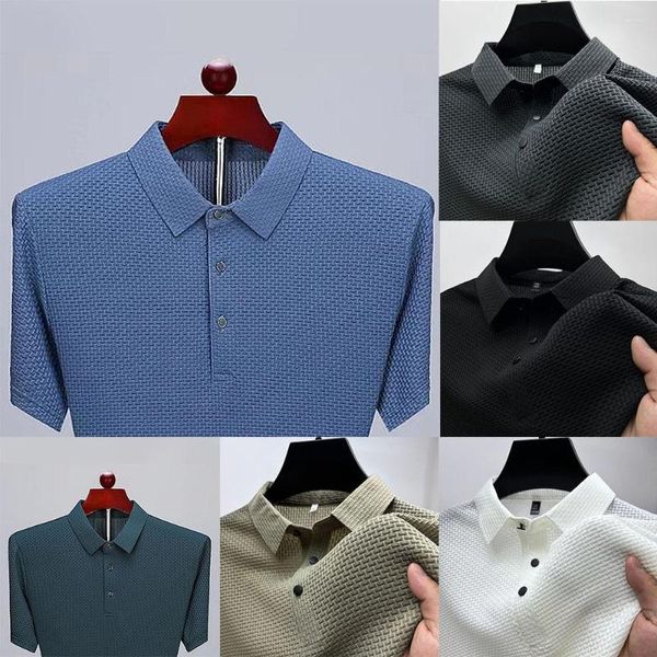 Camisetas masculinas até 5XL verão Lop-up oco de manga curta Polo de seda gelada respirável Business Moda T-shirt Roupas de marca masculina