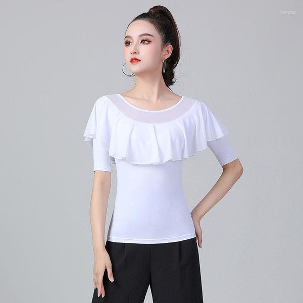 Stage Wear Women Waltz White Top Ruffled Latin Dance Mid Sleeve Shirt Modern Practice Clothes Lady Samba Dance.