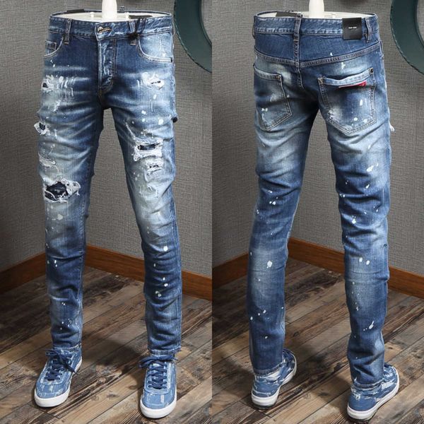 Blaue Jeans für Herren, Patchwork-Patches, Stichdetail, elastische Beschädigung, Denim-Hose, zerrissener Effekt, Cowboy-Hosewsm4