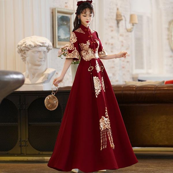 Roupas étnicas vintage feitas à mão botão linha A qipao bordado flor cheongsam manga lateral flare vestidos vestidos de noiva chineses
