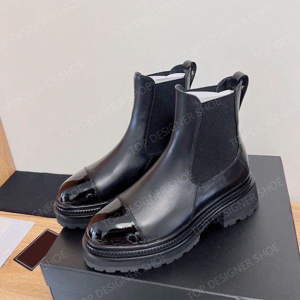 Deri Chelsea Botlar Tasarımcı Kadın Platformu Slip-On Yuvarlak Düz Pamuk Tıknaz Yarım Boot Lüks Moda Siyah Ayak Bileği Botlar Kalın Topuklu Savaş Martin Knight Boots