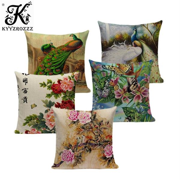 Capas de almofada decorativas com flores de pavão clássicas chinesas de linho colorido pavão fronha para assento de carro de sofá têxtil242p