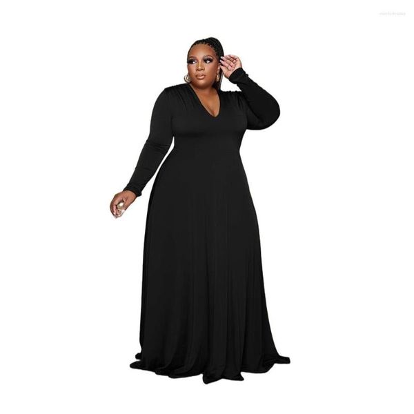 Plus Size Kleider Elegante Frau Herbstkleidung 2023 Urban 5XL Großer V-Ausschnitt Langarm Lässiges formelles Kleid Einfarbig