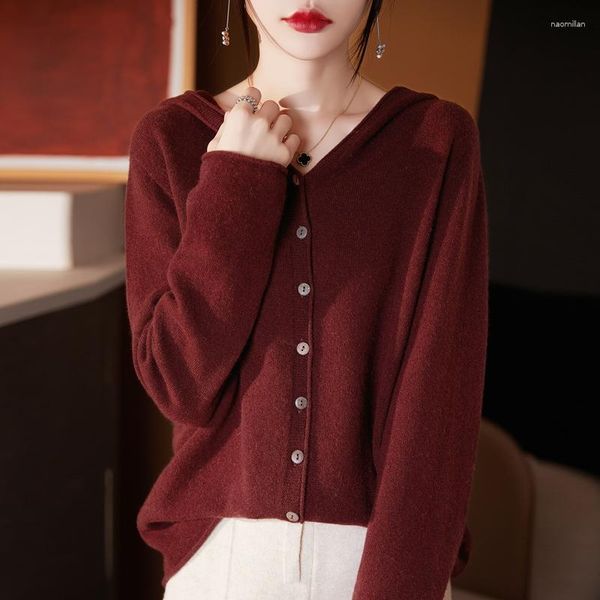Malha Feminina Lã Pura Malha Cardigan Vestuário Casual Solto Top Produtos Outono/Inverno Casaco com Capuz Moda Jaqueta Coreana