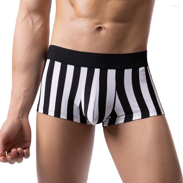 Cuecas masculinas sensuais cueca boxer sem costura bojo bolsa cueca shorts baús listrado masculino curto U convexo