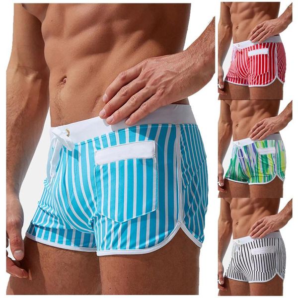 Calção de banho masculino Shorts sem alças duplas Calça de praia com listras verticais Calção de banho Confortável Camada dupla Seguro Segurança