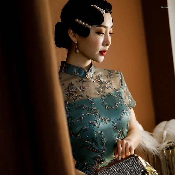 Roupas Étnicas Estilo Vintage Cheongsam Elegante Slim Rendas Sexy Qipao Feminino Retro Vestido Tradicional Chinês Vestidos de Manga Curta